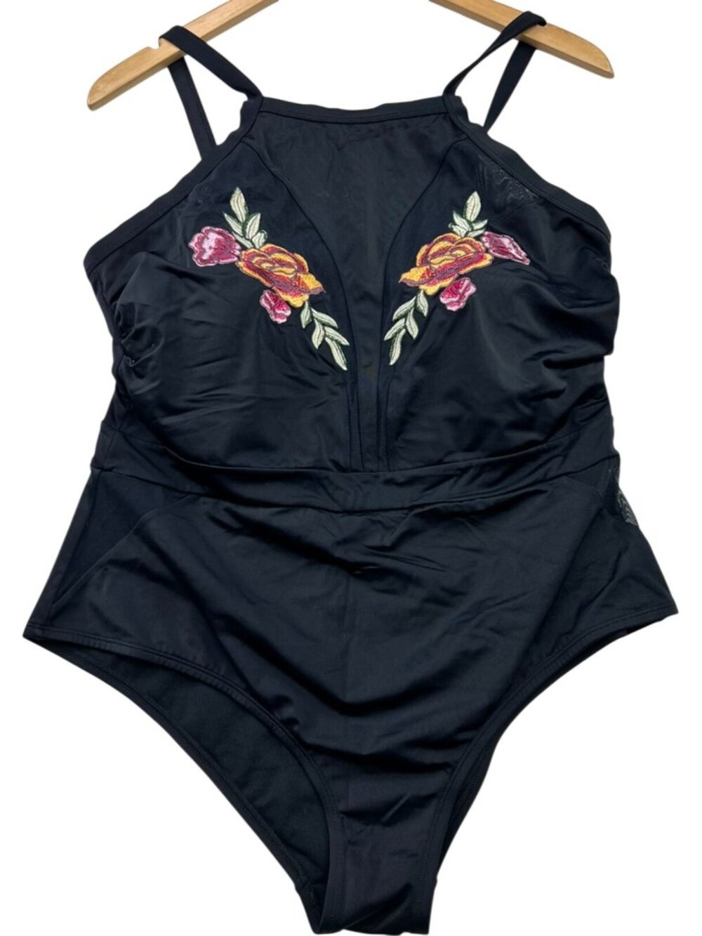 Boutique + Womens Mesh Inset Embroidered Floral One Piece Swimsuit Size 1X Black